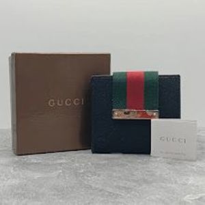 Gucci Black GG Monogram Canvas Green & Red Web Logo Compact Unisex Wallet W/ Box